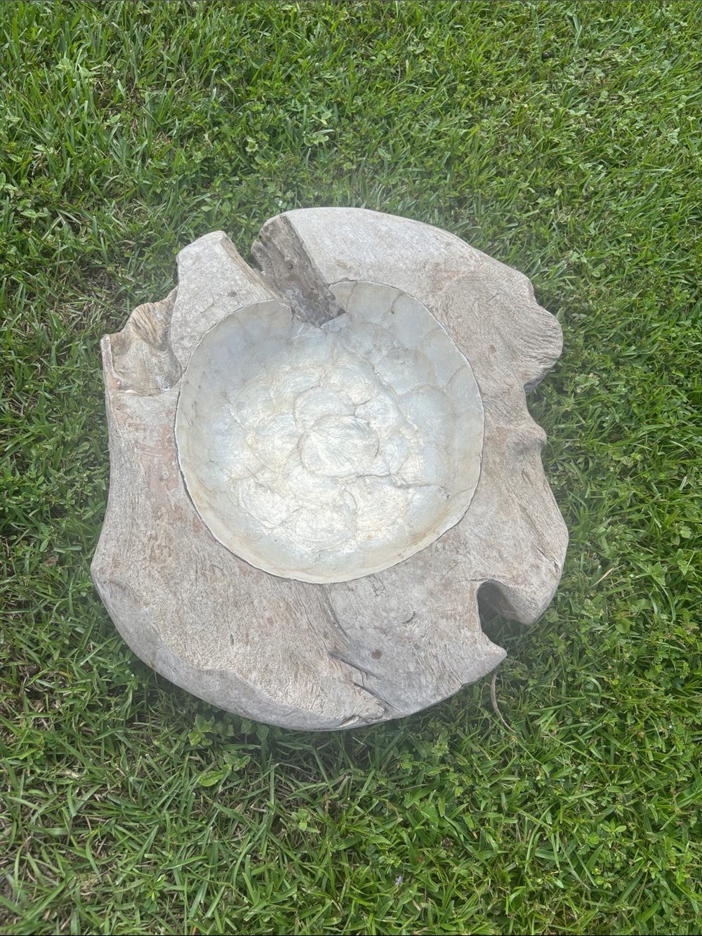 Handcrafted Wooden Accent Bowl with Mother-of-Pearl Inlay - Natural White